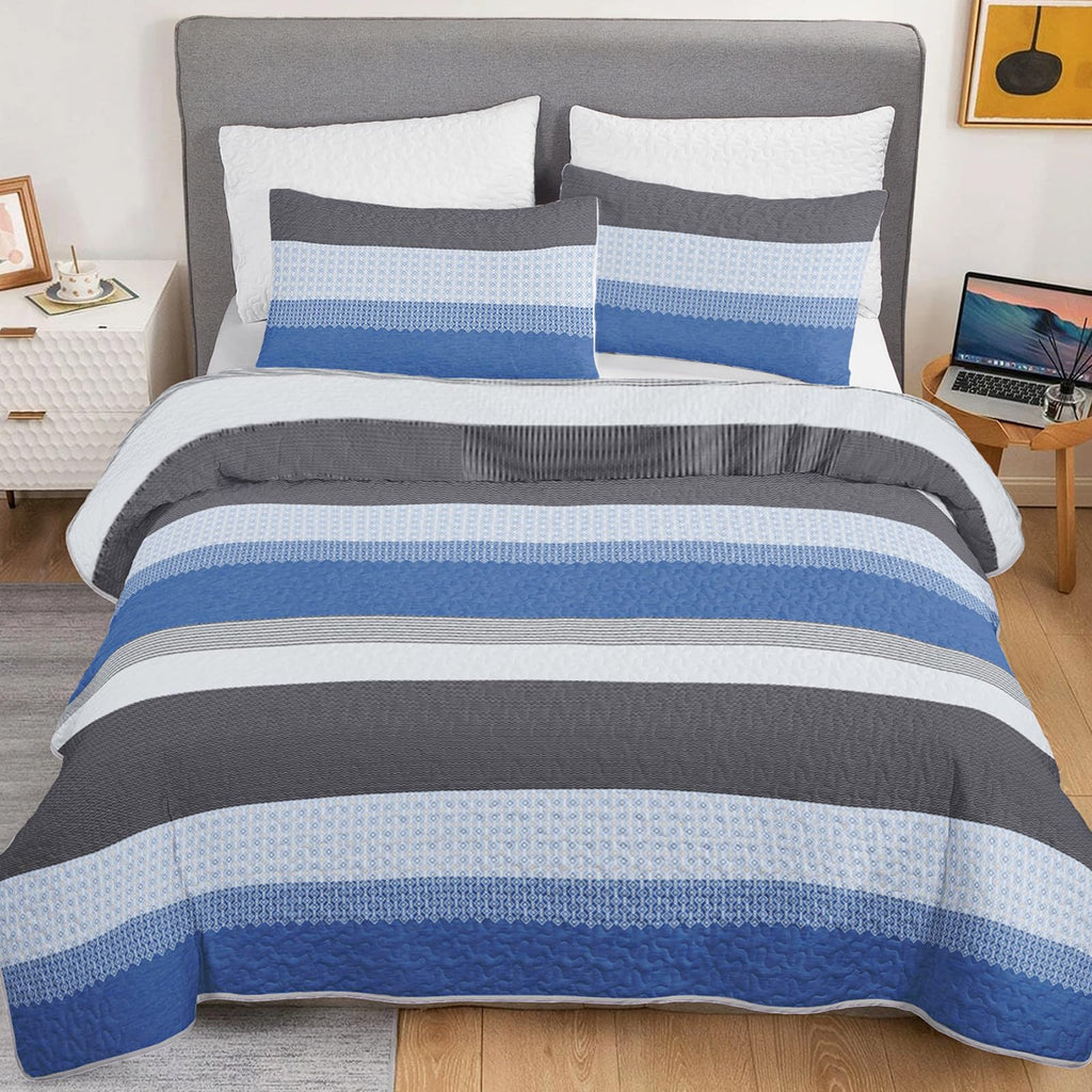 Grey and Blue Stripe Quilt Set, Grey Blue Boho Geometric Bedspread, 3 Pieces Patchwork Stripes Bed Cover