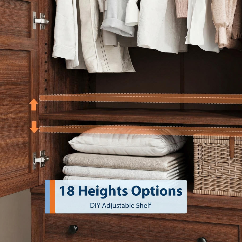 72" Armoire Wardrobe Closet with 2 Drawers, Heavy Duty Wooden Clothing Storage Cabinet with Hanging Rod and