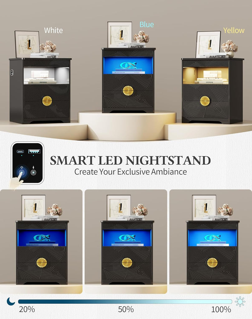 LED Nightstand with Gun Drawer, Modern Bedside Table with 3-Color Lights & Human Sensor, Smart Night Stand with