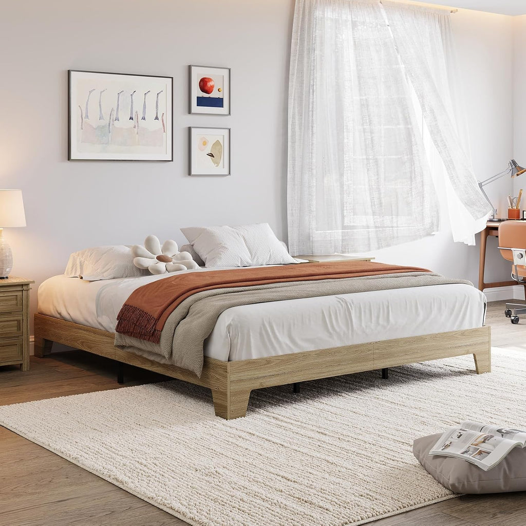 Platform Bed Frame, Minimalist Wood Bed Frame No Headboard Needed, Sturdy Low Profile Bed with Natural Wood