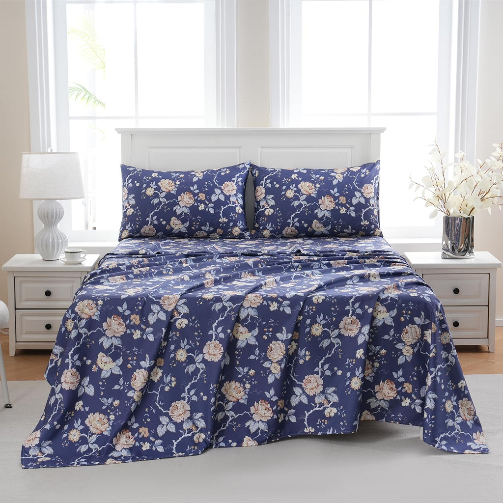 Navy Blue Floral Bed Sheets Set - King Size Percale Cotton Shabby Rustic Peony Flower Print Dark Bed Sheets - Soft