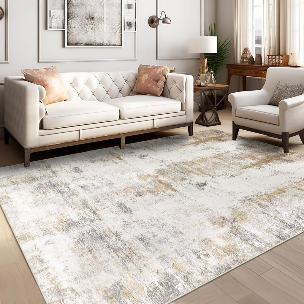 5x8 Washable Abstract Area Rug, Neutral Low Pile Non-Slip Carpet for Bedroom Dining Room
