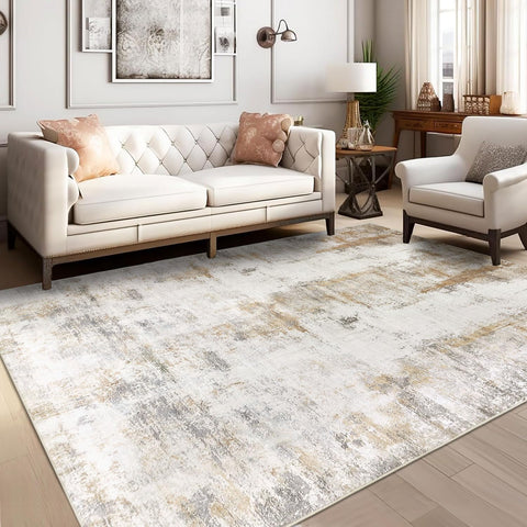 5x8 Washable Abstract Area Rug, Neutral Low Pile Non-Slip Carpet for Bedroom Dining Room