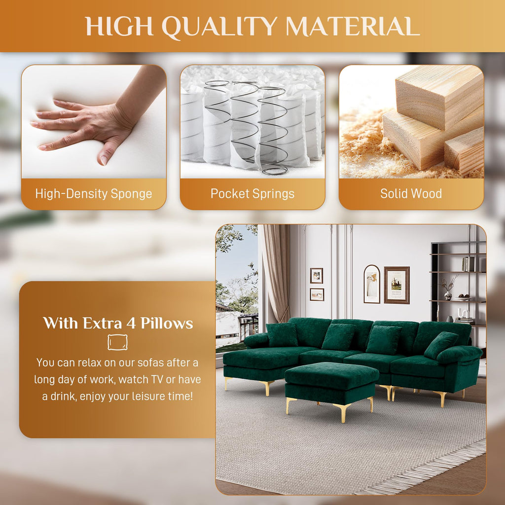 114" U-Shaped Sectional Couch with Ottoman, Emerald Green