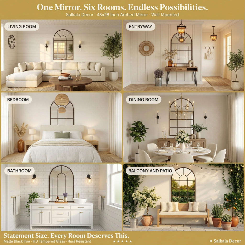 48x28Inch Arched Window Pane Mirror| Black Arched Mirrors for Wall & Floor | Arch Mirror Full Length Living Room &