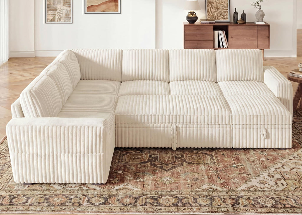 Corduroy U Shaped Sectional Sleeper Sofa with Pull Out Bed, Beige