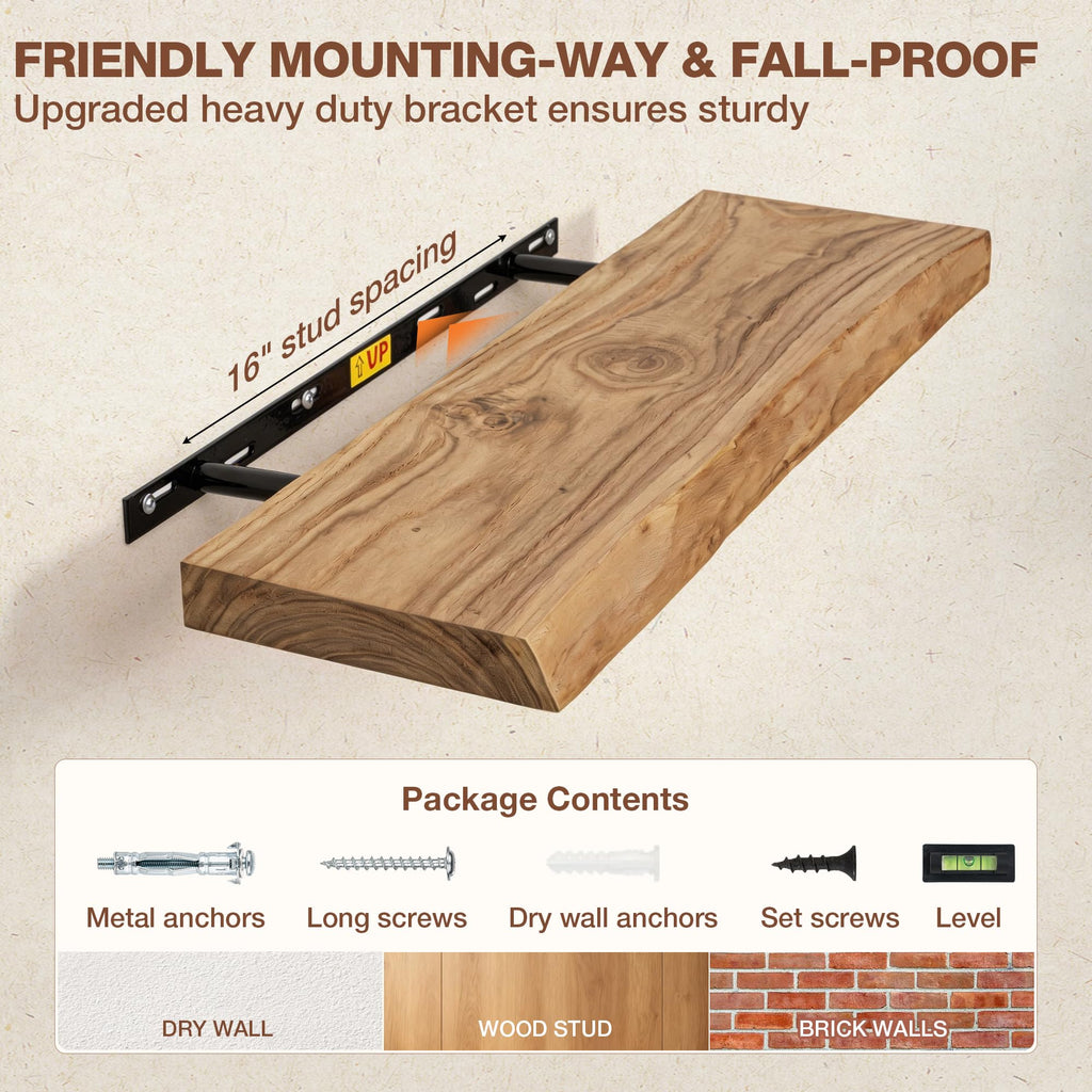24 Inch Live Edge Floating Shelves for Wall, 8in Deep Solid Elm Wood