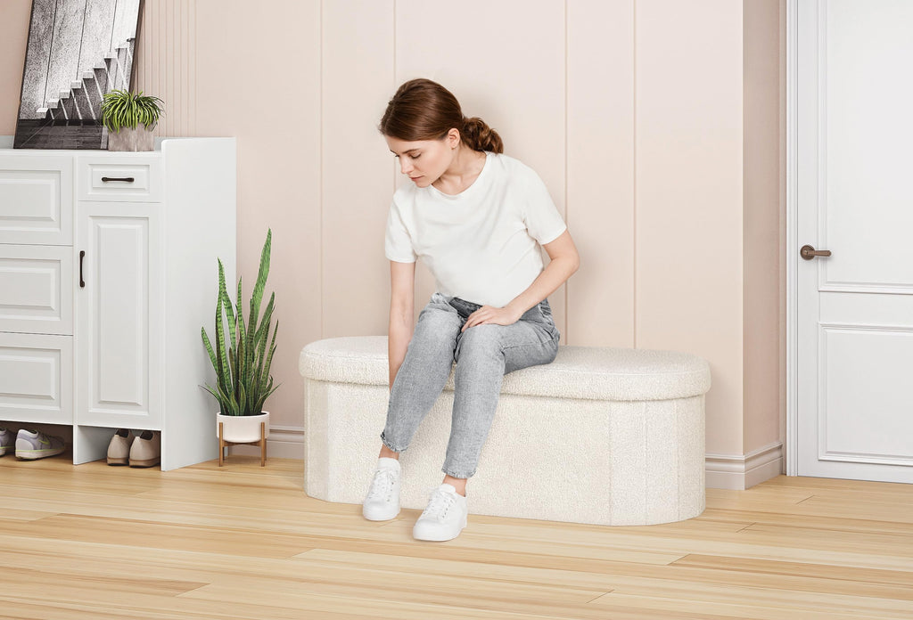 Storage Ottoman Bench Tufted Oval Ottomans Bench Foot Rest, Chest Box Velvet Bench with Storage, 43"x15"x15" (White)