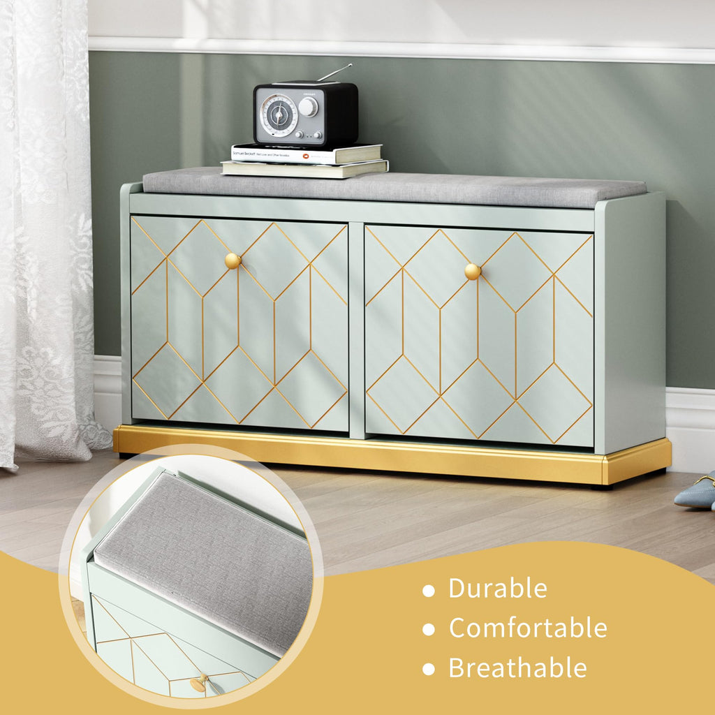 Shoe Storage Bench with 2 Flip Drawer & Padded Cushion Seat