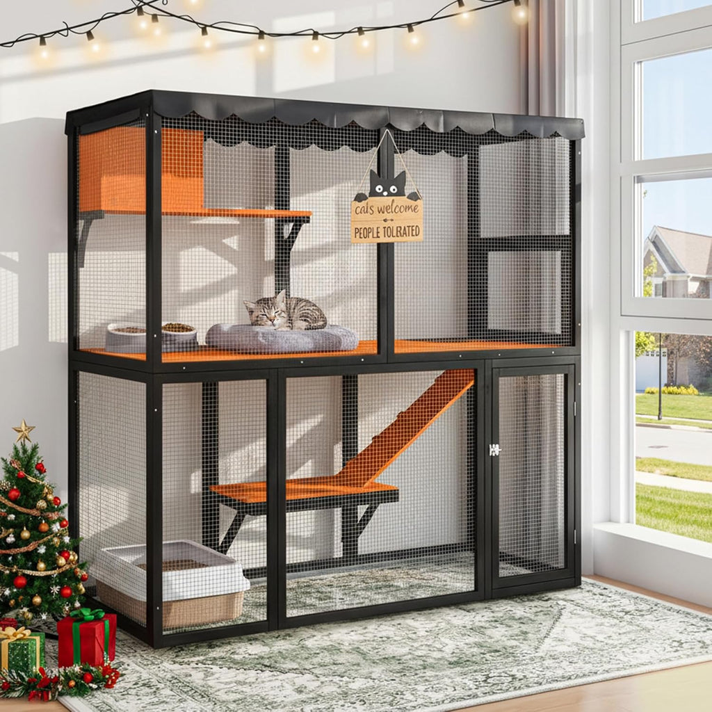 Wooden Catio Outdoor Cat Enclosure, 4-Tier Large Cat House for Multiple Cats with Waterproof Cover and Ramp, Indoor