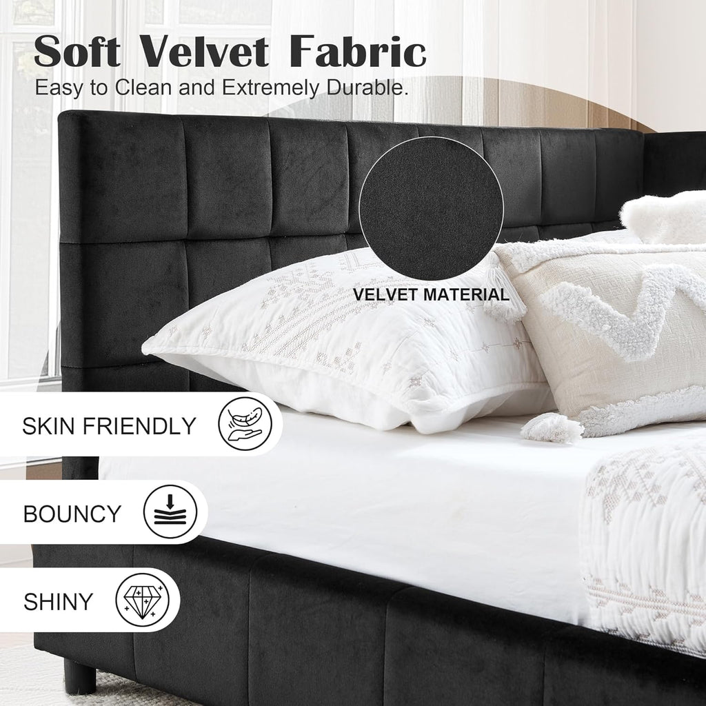 Queen Size Daybed L-Shaped, Modern Velvet Upholstered Sofa Day Bed Frame with Wood Slats Bedroom Guest Room, No Box