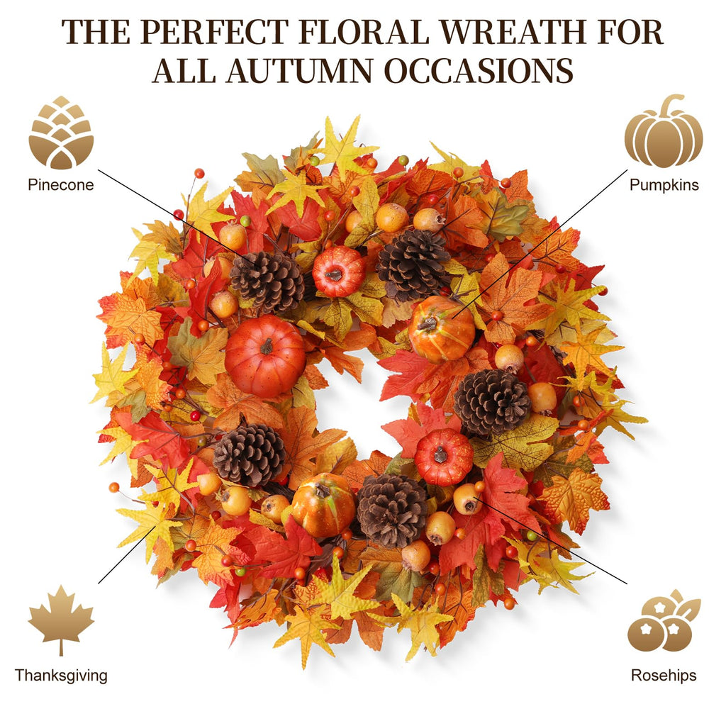 Fall Wreaths for Front Door 24 Inch Fall Wreath with Orange Pumpkins Pinecones Maple Leaves Large Berries Autumn