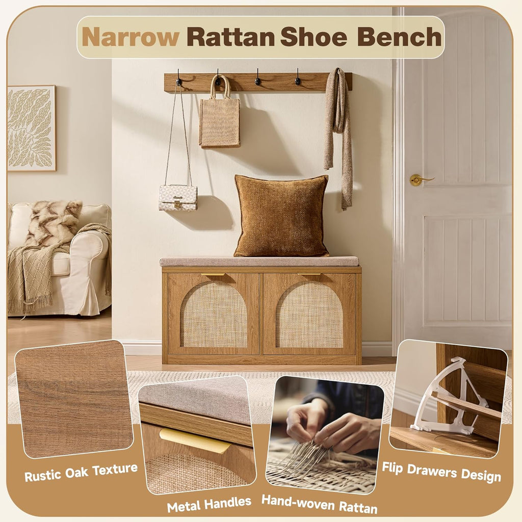Rattan Narrow Entryway Bench with Shoe Storage, 2 Flip Drawers & Coat Rack, Mid-Century Modern Wood Shoe Cabinet with