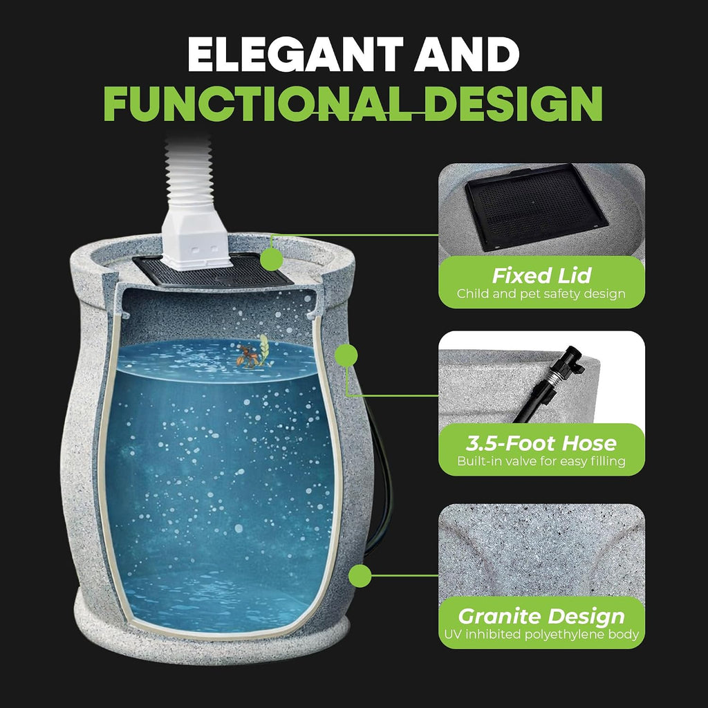 Catalina 45-Gallon Rain Barrel - BPA-Free Flat-Back Design with 3.5 Foot Garden Hose, Shut-Off Thumb Valve, and Fixed