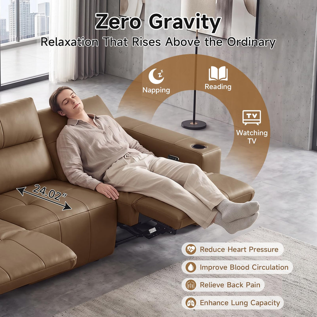 Zero Gravity Power Recliner Sofa 146", Genuine Leather Sofa with Electric Reclining Seats, Adjustable Backrests, USB