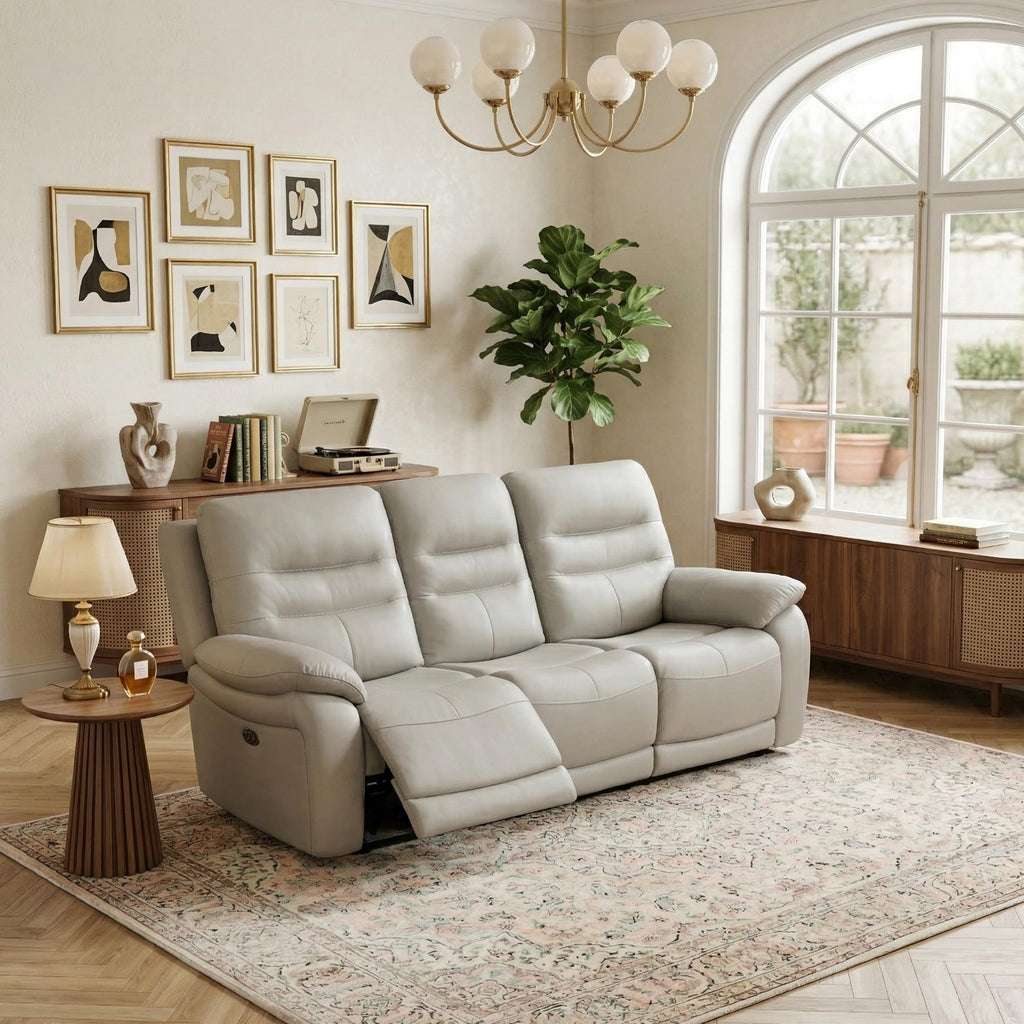 Power Reclining Sofa, 3-Seater Genuine Leather Recliner Couch, Light Grey Top Grain Leather Sofa with USB Port
