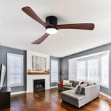 Modern 52 Inch Flush Mount Ceiling Fan with LED Lights and Remote Control - 3 Wood Blades, Reversible DC Motor, 6 Speeds, Timer - Walnut and Matte Black
