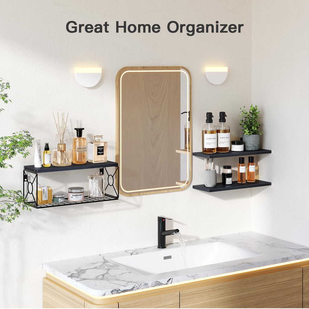 Bathroom Shelves with Storage Basket, Set of 3, Black