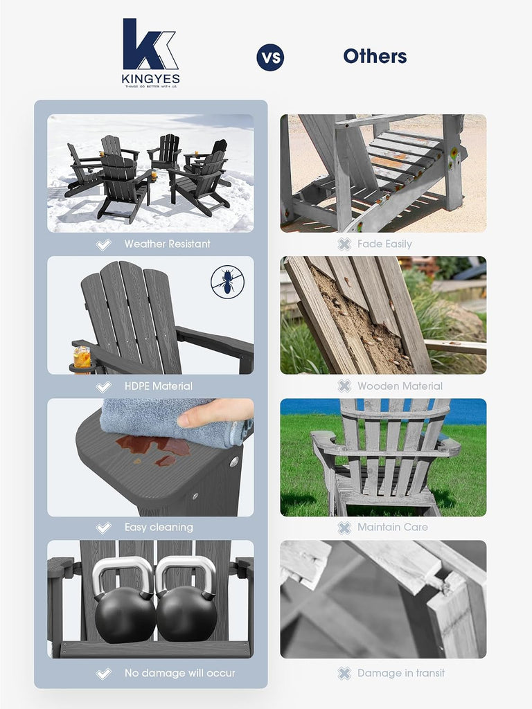 Folding Adirondack Chair with Cup Holder, Grey | HDPE All-Weather Patio Chairs, Wooden Textured Lawn Chair for