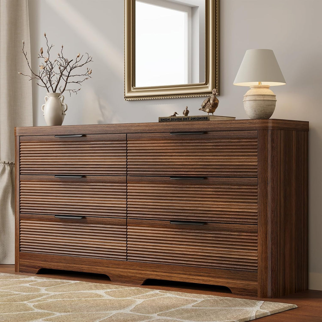Fluted 6 Drawer Dresser,Farmhouse Wood Dresser | TV Stand,Thickened Curved Profile Design,Bedroom,Entryway,Wood