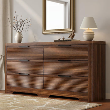 Fluted 6 Drawer Dresser,Farmhouse Wood Dresser | TV Stand,Thickened Curved Profile Design,Bedroom,Entryway,Wood
