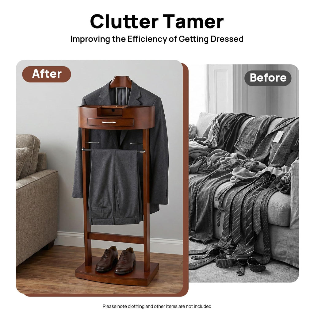 Wood Suit Valet Stand for Men, Floor Standing suit rack with Tray Drawer Practical Compartment Brown Rack Organizer
