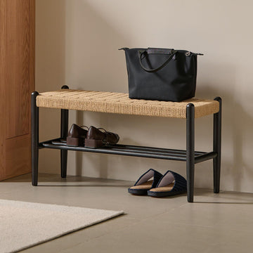 Solid Wood Shoe Bench, Woven Shoe Rack Bench Assembled, 11.8" x 23.6" x 16.1", Oak Wood, Natural