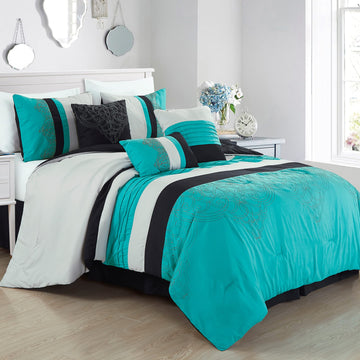 Chloe 7-Piece Teal Blue Gray Black Geometric Medallion Embroidery Pleated Striped Comforter Set
