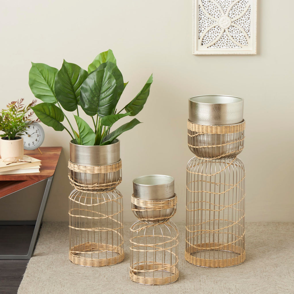 Metal Indoor Planter Textured Dome Large Planter Pot with Woven Rattan and Caged Rod Pedestal Base, Set of 3 Planters