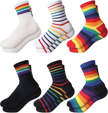 6 Pairs Kids Boys Crew Socks Kids Cotton Rainbow Stripe Calf Breathable Athletic Socks for Girls and Boys