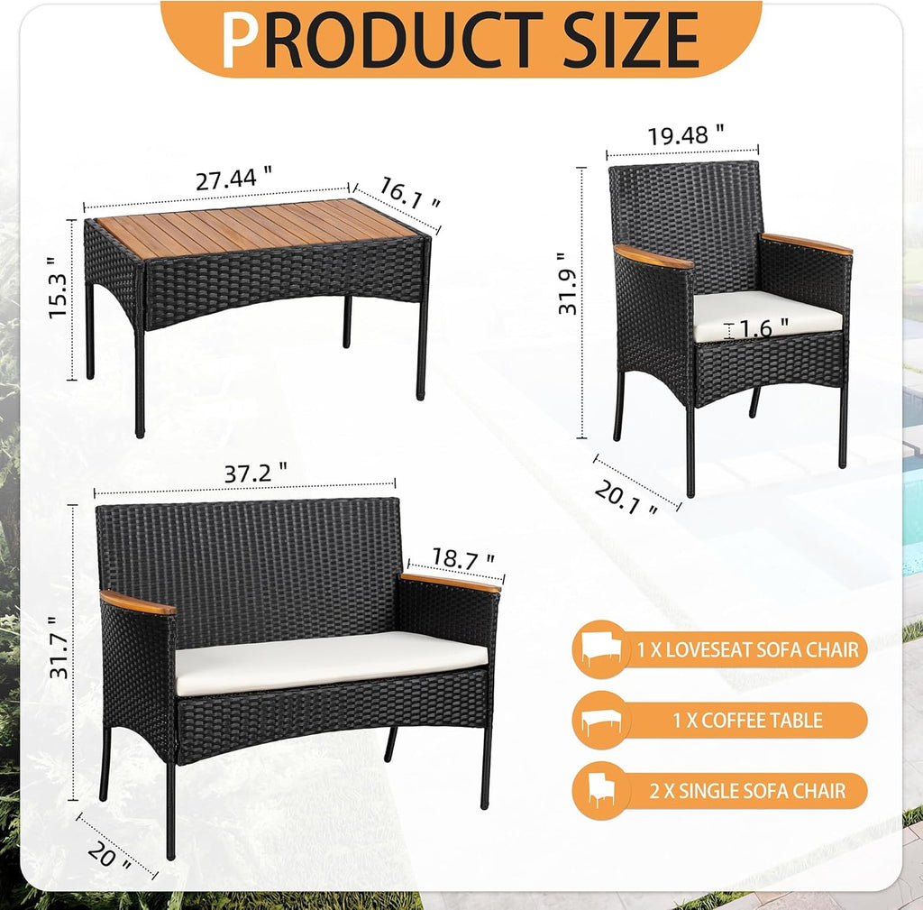 4-Piece Patio Furniture Set, Outdoor Wicker Patio Conversation Furniture Set with Cushions and Wooden Tabletop for