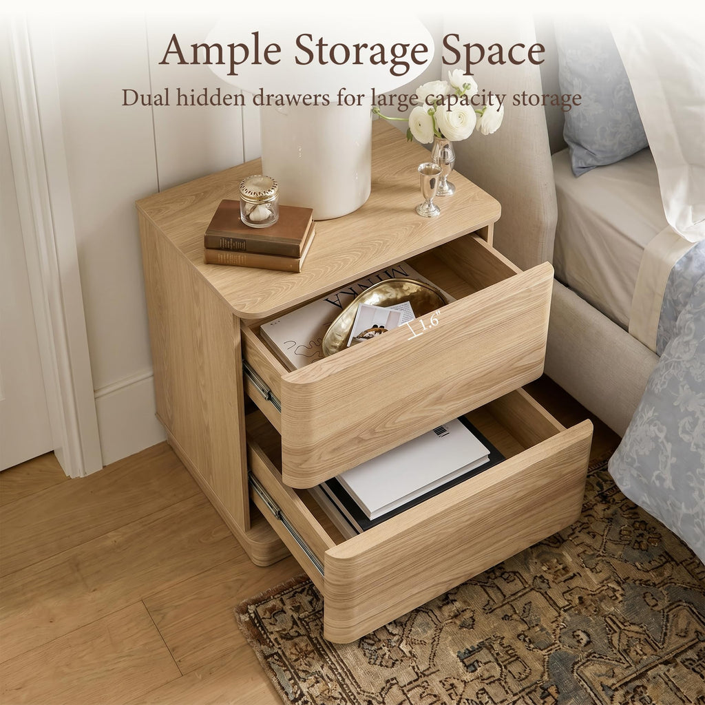 Night Stand Set 2 with 2 Drawers Storage, Curved Edge Bedside Table with Push to Open Hidden Drawer, 22'' Wooden