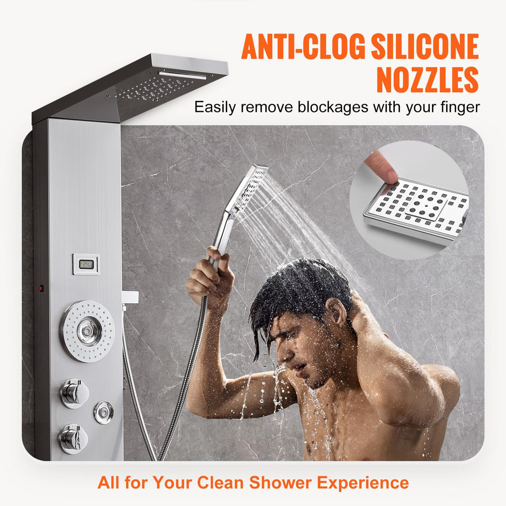Shower Panel Tower System, 6 Shower Modes, LED & Display Shower Panel, Rainfall, Waterfall, 4 Body Massage Jets, Tub