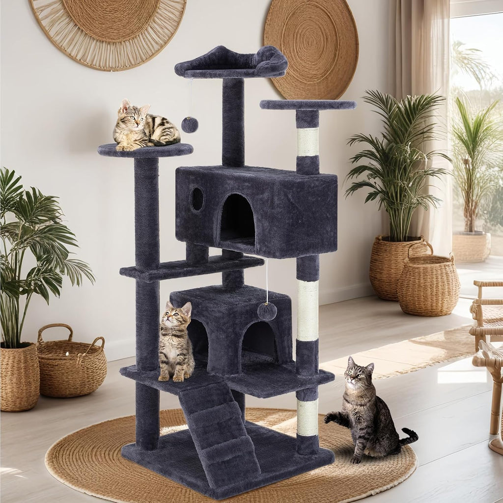 54 Inch Cat Tree Tower, Multi-Level Tower with Cat Scratching Post, Indoor Cat Condo with Climbing Ladder, Plush Toy