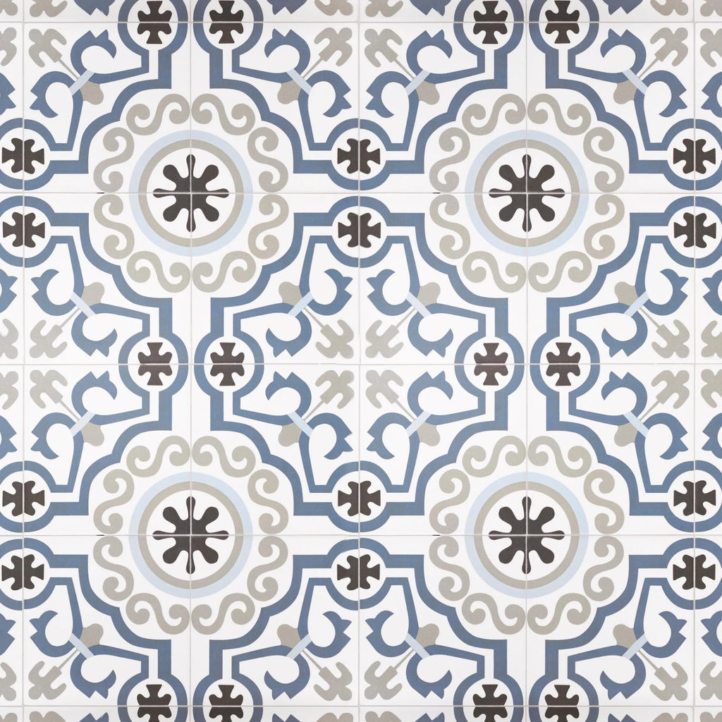 Azure Crest 8" x 8" Matte Porcelain Tile for Floor and Wall, Blue Gray Mediterranean Pattern, Spanish Encaustic Look