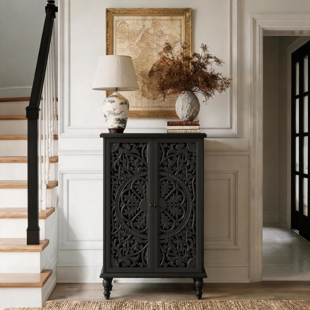 2-Door Accent Cabinet with Hollow Carved Doors and Adjustable Shelf, Farmhouse Carved Sideboard with Turned Legs