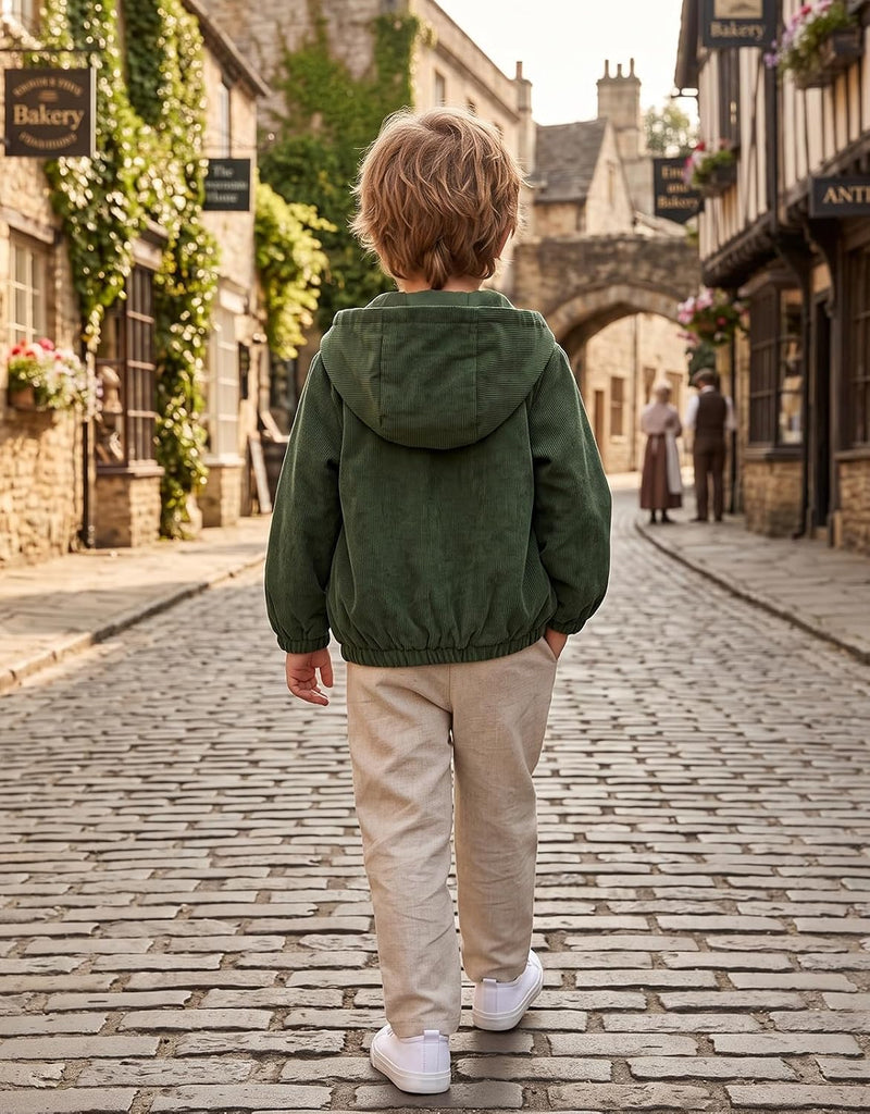 Boy Corduroy Jacket Hooded Zip-up Coat Winter Outwear