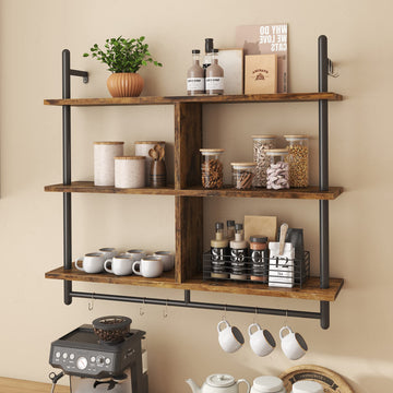 41.5" Floating Shelves for Wall 3 Tier Kitchen Shelves Wall Mounted Coffee Bar Shelf Hanging Shelf with 8 Hooks