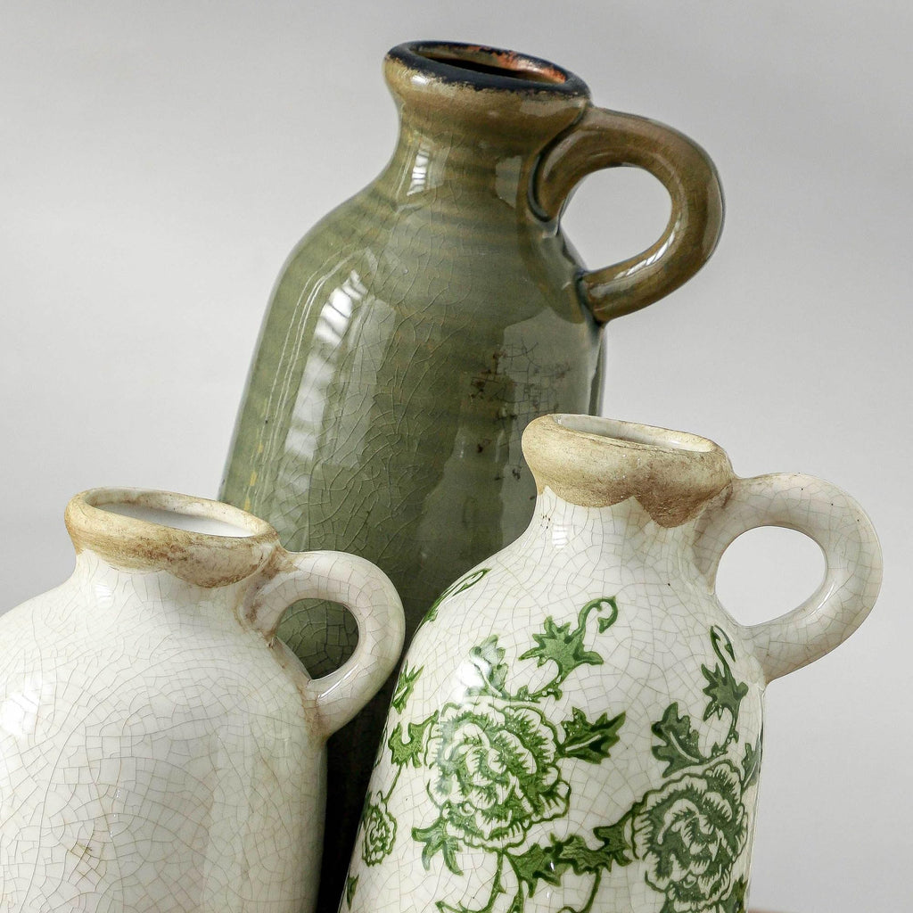 Vintage Vase Set of 3 with Handle, Ceramic Vintage Rustic Vases Home Decor Farmhouse Decorative Vase Pottery Decor