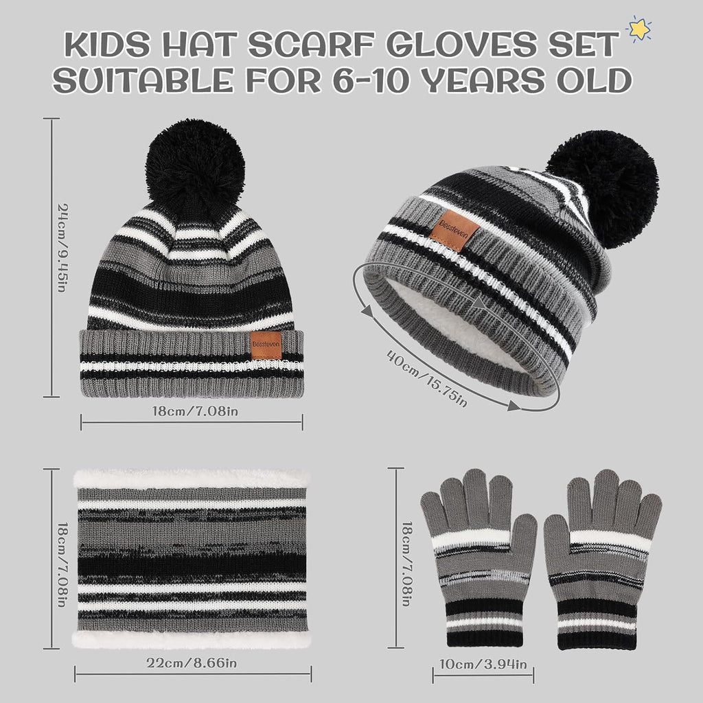 Kids Winter Hat Gloves Scarf Set: Girls Boys Beanie Fleece Lined