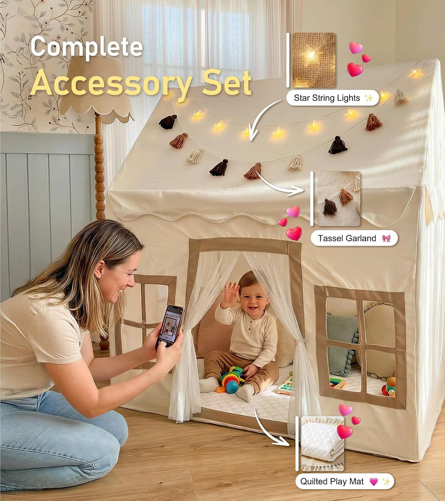 Kids Play Tent with Mat, Kids Playhouse with 2 Windows, Star Lights & Tassel Garland, Indoor Outdoor Reading Nook