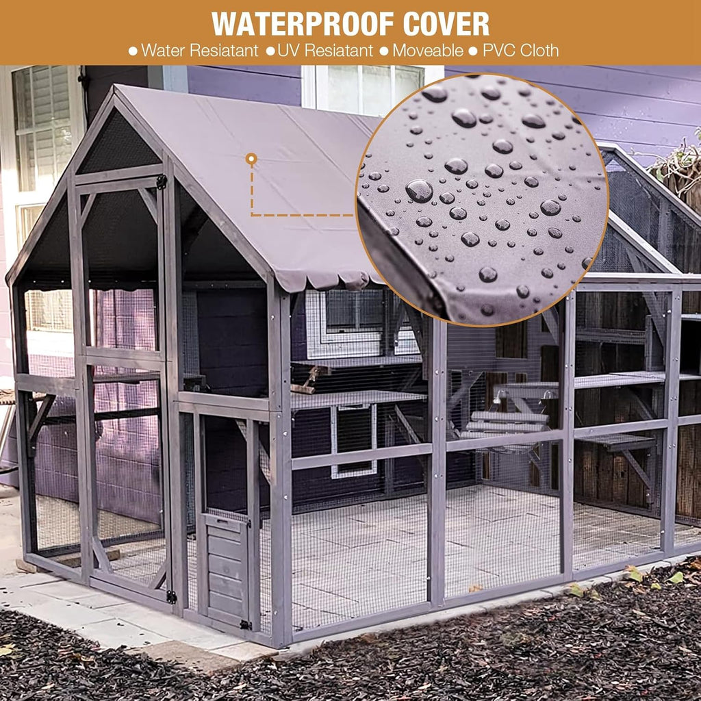 Catio Outdoor Cat House Cat Enclosures 110" Large Kitten Playpen with Platforms, Upgrade Waterproof Cover