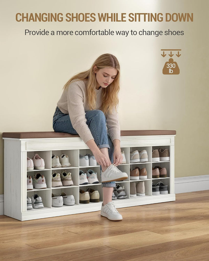 Shoe Bench with Cushion, Farmhouse Storage Bench with 18 Cubbies & Hidden Storage Space, Large Capacity Organizer