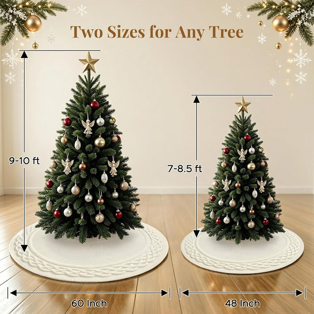 60 Inch Christmas Tree Skirt, Extra Large Chunky Knitted Tree Skirt with Bow Tie Closure, Cream Vintage Tree Skirts