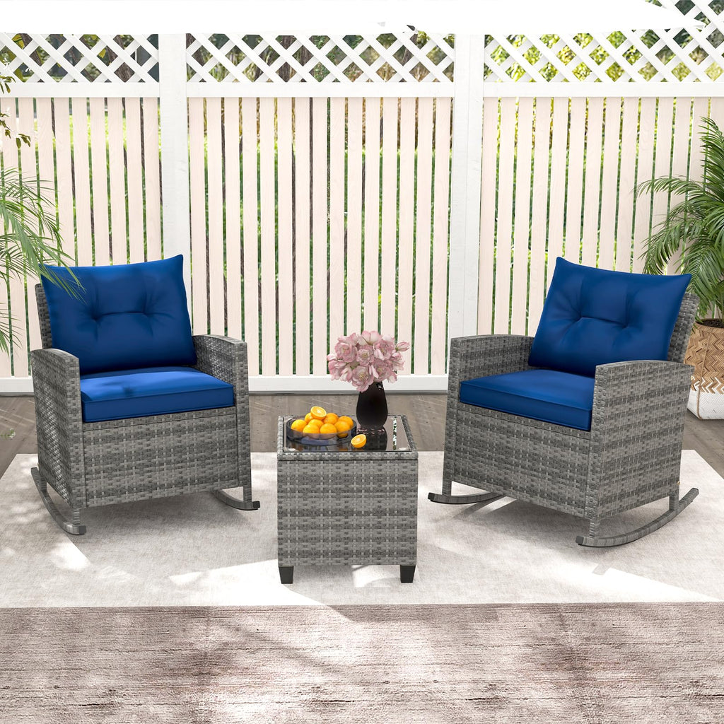 3 Piece Wicker Rocking Set, Patio Rattan Roker Chairs with Tempered Glass Table & Soft Cushions, Outdoor Furniture