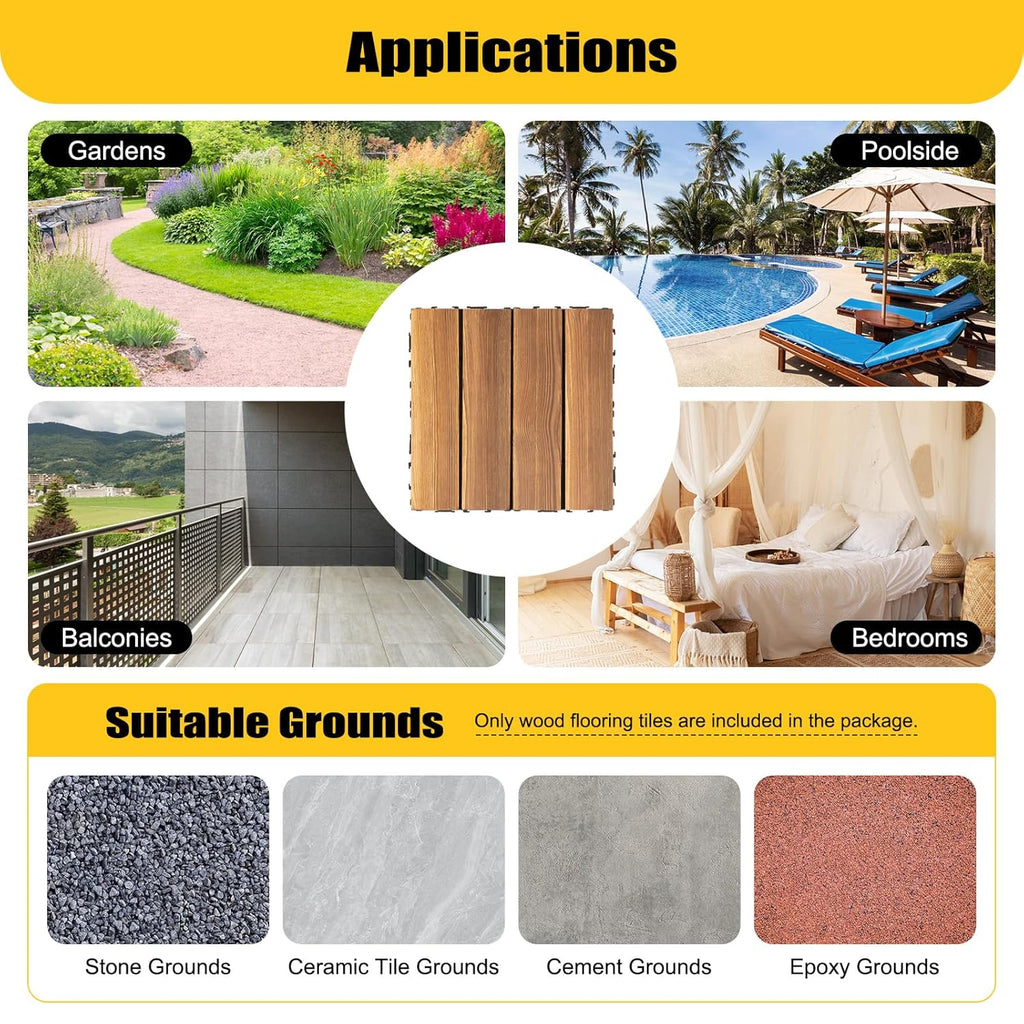 36 Pcs Premium Striped-Pattern Interlocking Deck Tiles 12" x 12", Acacia Hardwood Outdoor Flooring, Natural Wood
