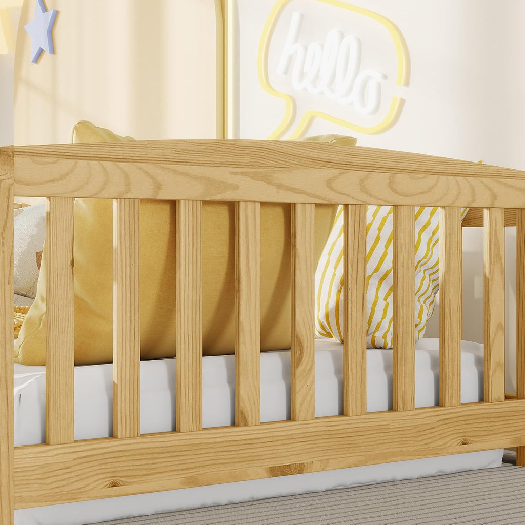 Montessori Floor Bed with 18" Fence and Curved Entrance, Pine Wood Bed Frame with Safety Guardrails, Low