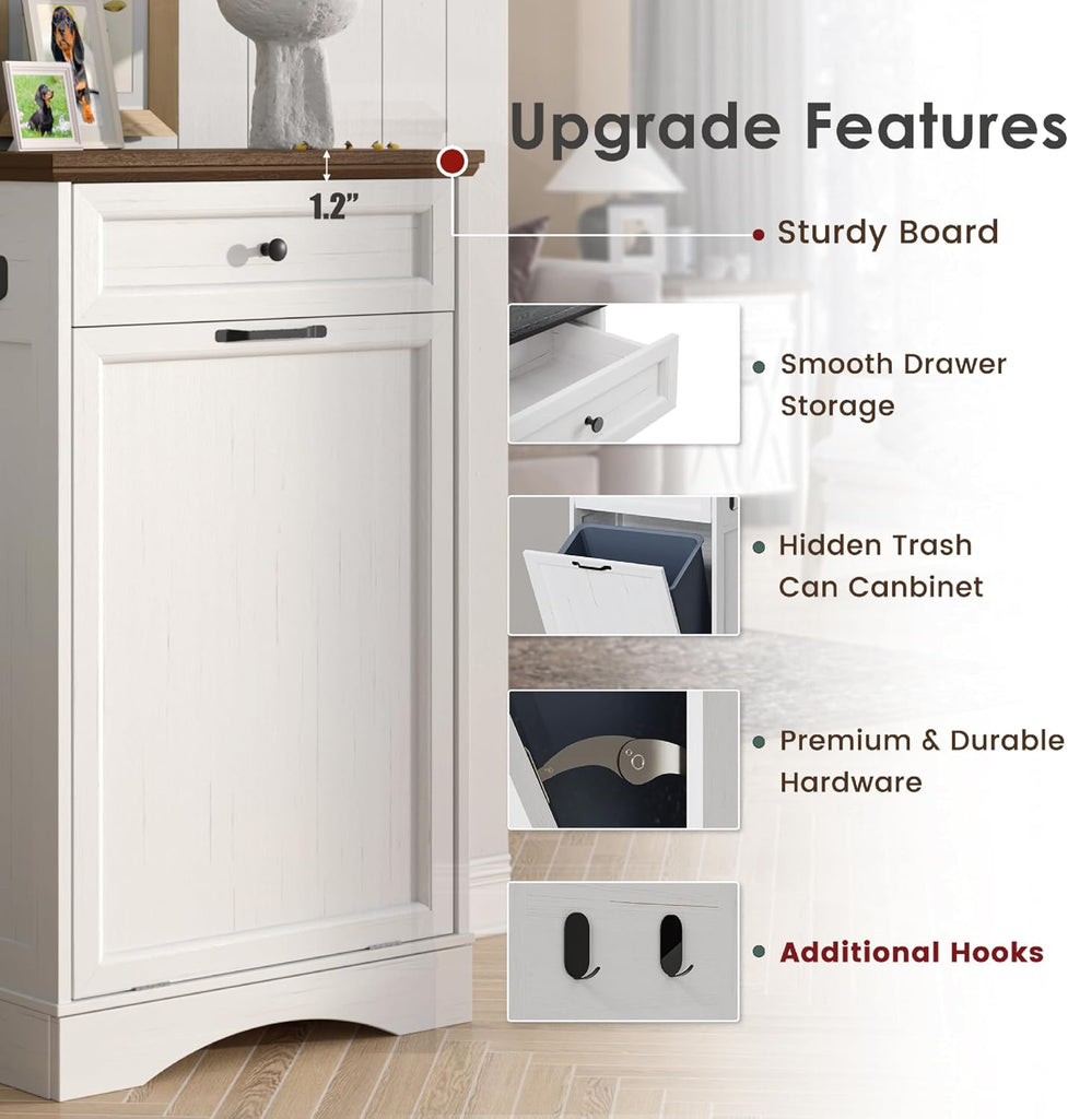 Tilt Out Trash Can Cabinet 13 Gallon Hidden Trash Garbage Can Cabinet with Drawer, Waterproof Cutting Board, Pet Proof