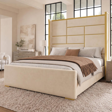 Queen Bed Frame with Headboard, 66.93" Tall Bed, Beige and Gold