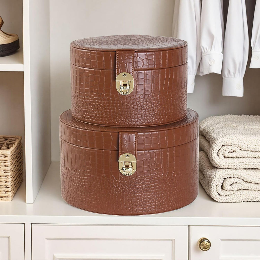 Large Leather Decorative Boxes Round Hat Box Bin Basket with Lid for Shelf Coffee Table Storage Remotes - Set of 2